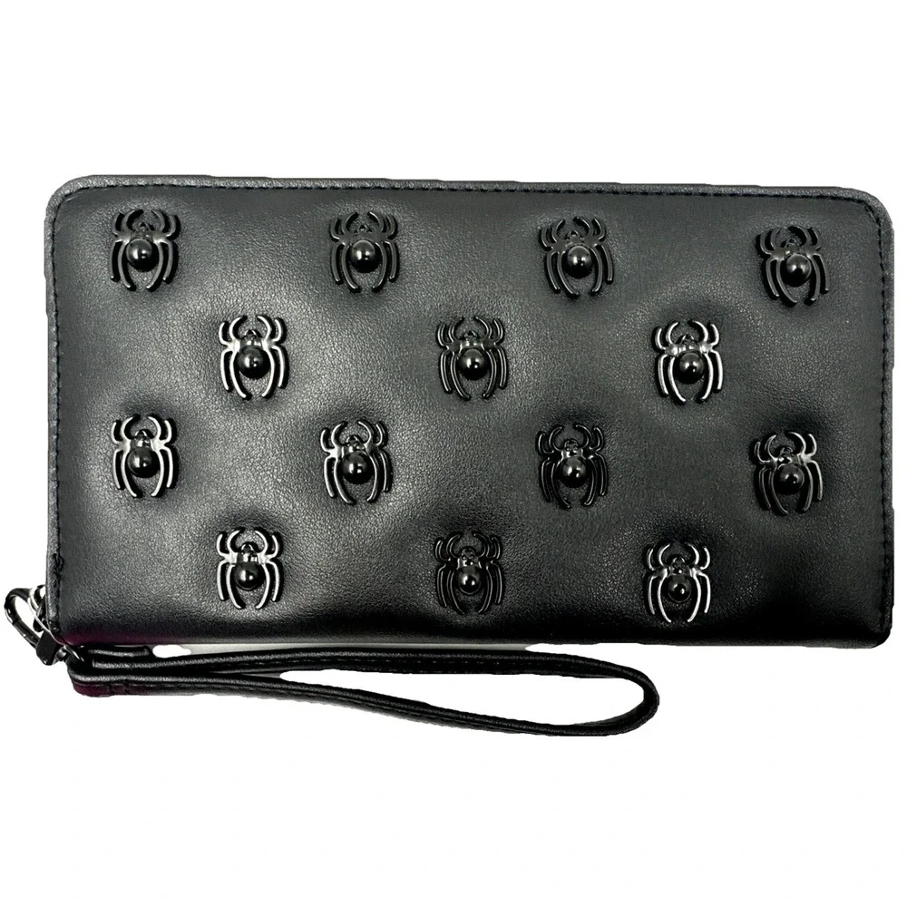 Betsey Johnson Black Zip Around Wallet Wristlet All Over Spiders DetachableStrap